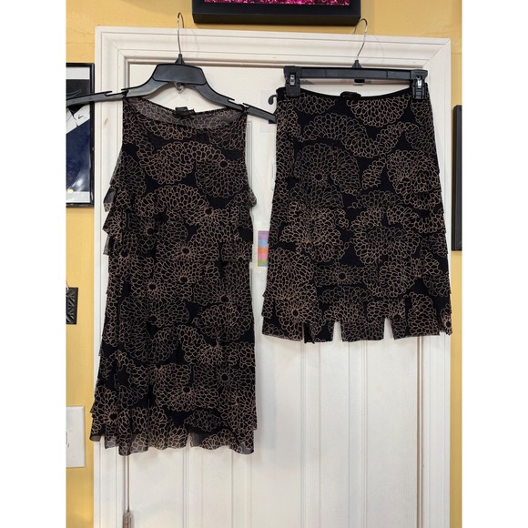Vivienne Tam Mesh Floral Tiered Top and Skirt Set Black Tan Chrysanthemum Small